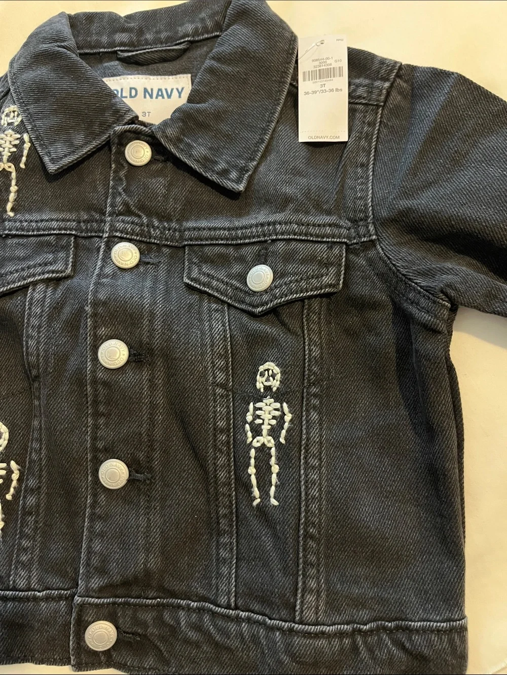 NWT Old Navy Black Denim Kids Jacket with White Skeleton Embroidery